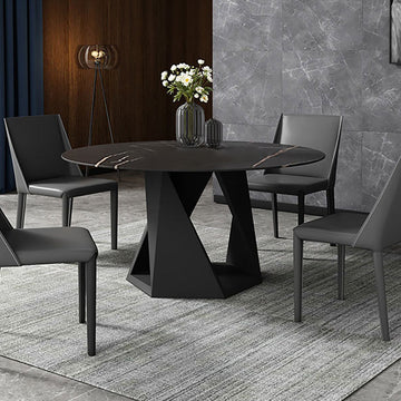 59.1" Classic Minimalist Round Stone Top Dining Table with Carbon Steel Base